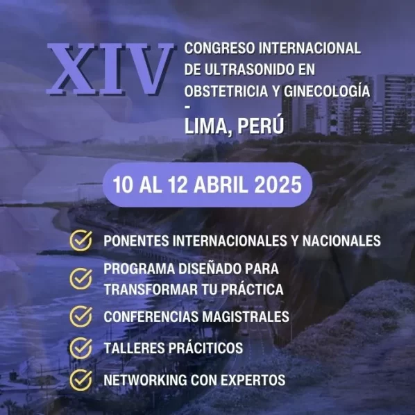 Fluyer del congreso de ultrasonido con ejes temáticos y fecha de realización en Lima, Perú